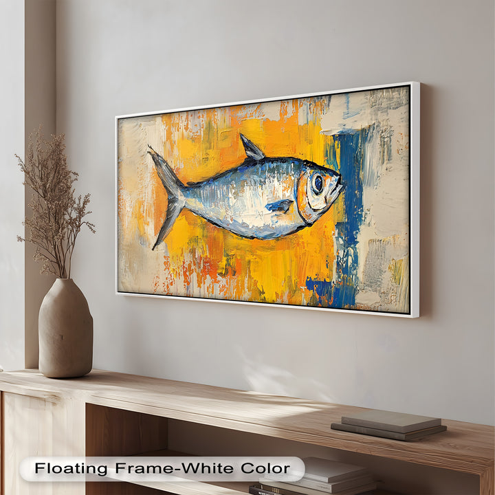 Blue Fish on Vibrant Yellow Background - Animal Oil Painting