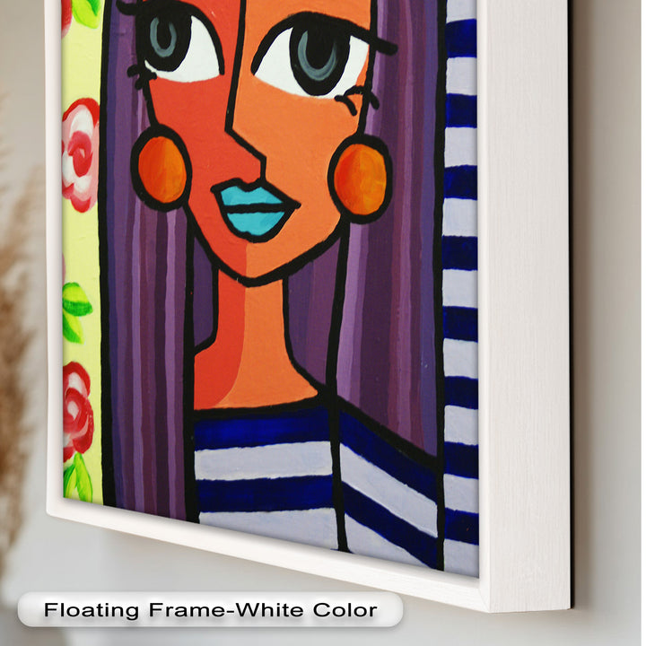 Striped Radiance – Playful Woman with Purple Hair Picasso Oil Painting