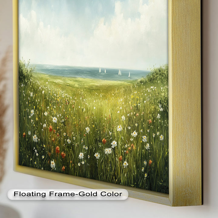 Wildflower Meadow Sea View Wall Art–Coastal Oil Painting