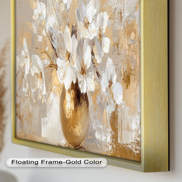 Golden Vase with White Florals – Flower Oil Painting