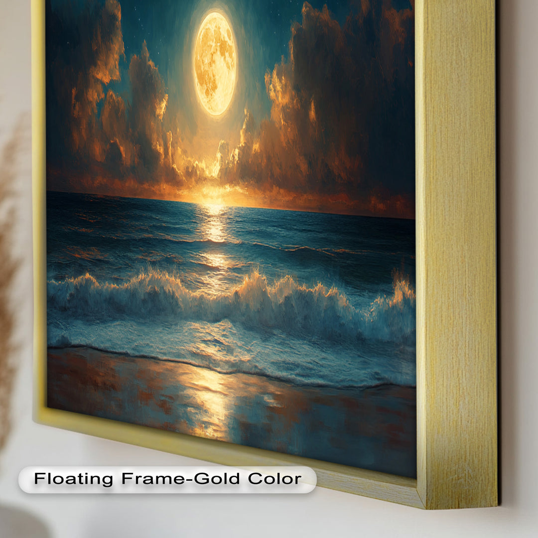 Ocean Night Wall Art Decor - Full Moon Seascape Oil Painting