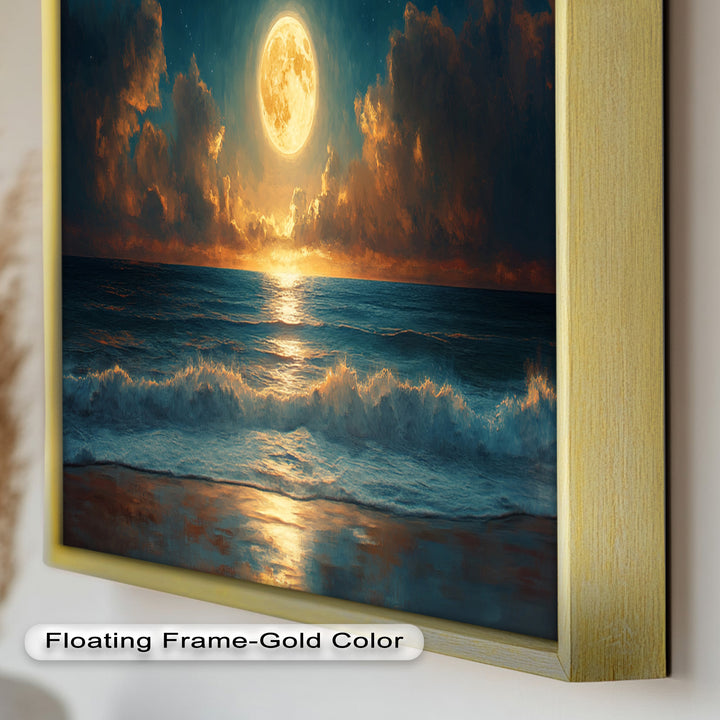 Ocean Night Wall Art Decor - Full Moon Seascape Oil Painting