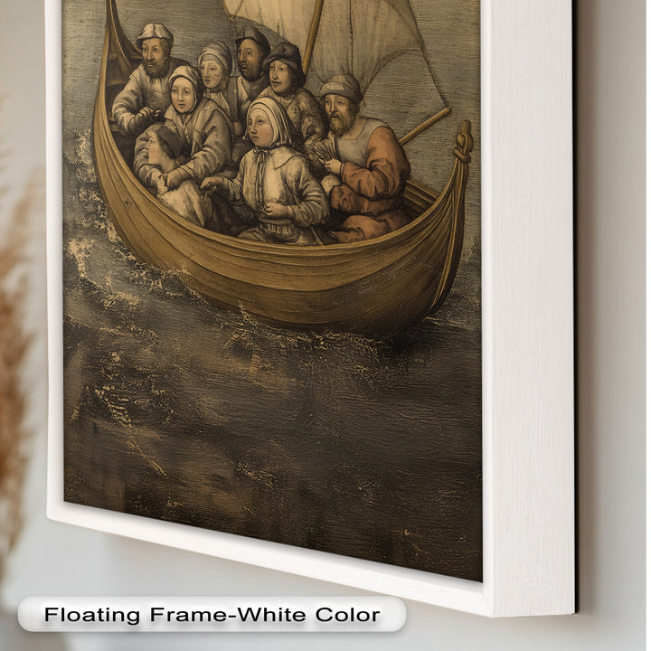 Medieval Sailors in Wooden Vessel - Historic Oil Painting