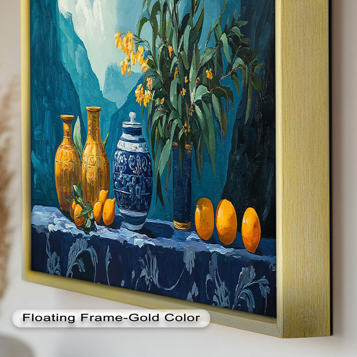 Blue & Yellow Vase Citrus Still Life – Framed Oil Painting
