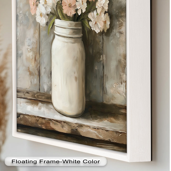Blush & Cream Blooms – Rustic Mason Jar Flower Oil Painting