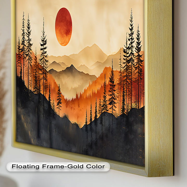 Red Sunset Landscape - Forest Oil Painting