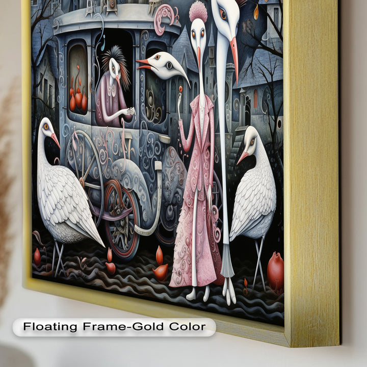 Crimson Couriers – Surreal Carriage Scene Oil Painting