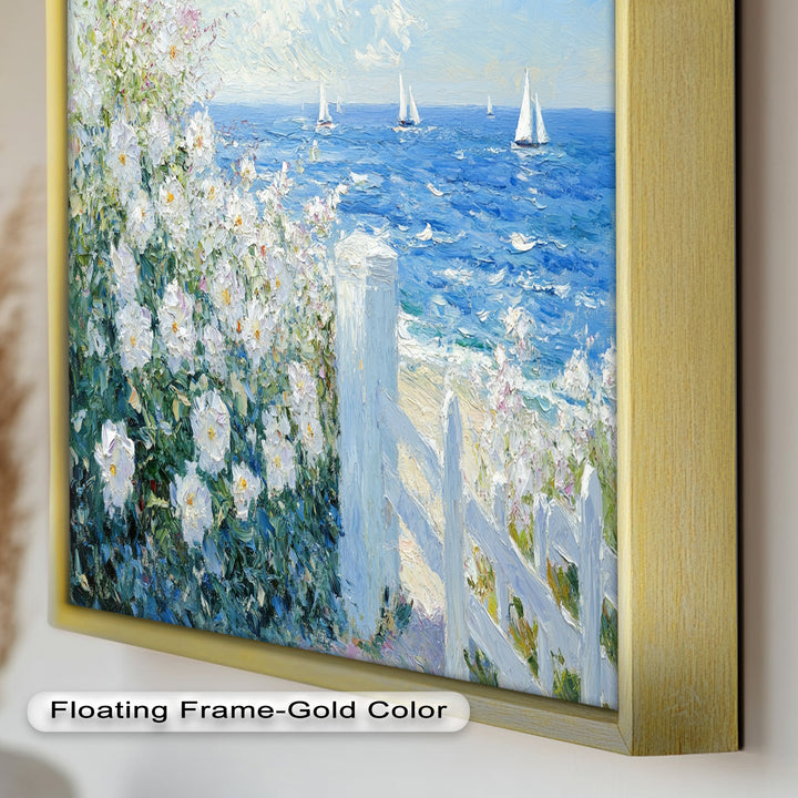 White Rose Garden with Sailboats – Impressionist Oil Painting
