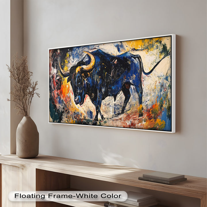 Fierce Blue Bull in Motion – Abstract Oil Painting