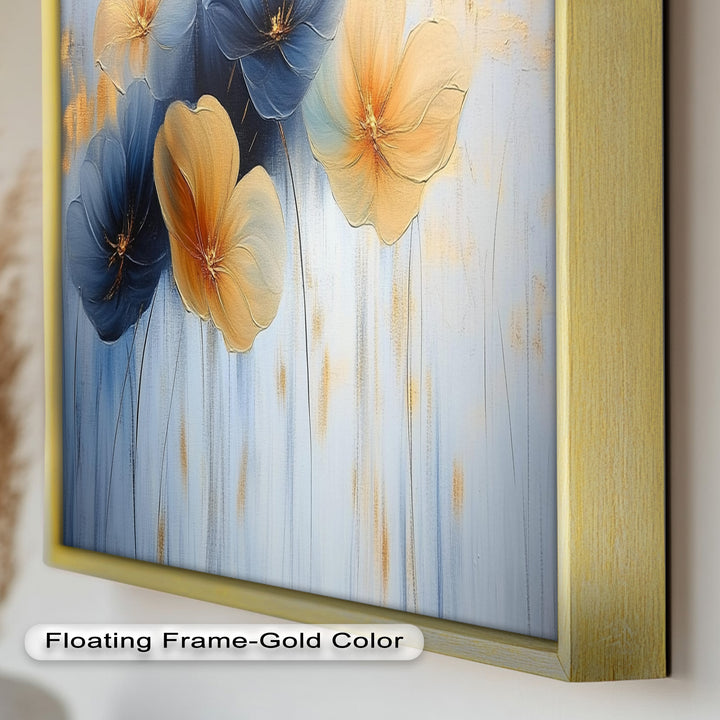 Blaue und gelbe Blumenkunst – Gerahmtes Ölgemälde