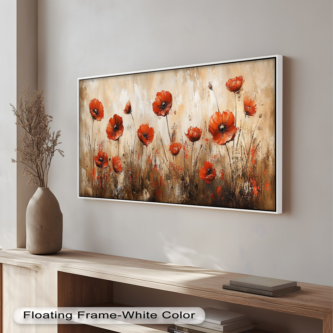 Red Poppies in Earth-Toned Harmony - Flower Oil Painting