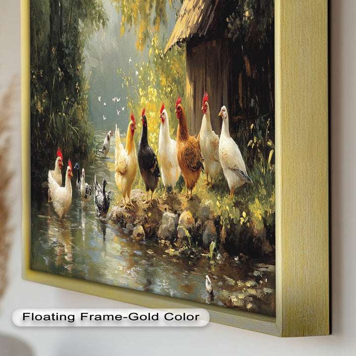 Country Farmyard Chickens by the Stream – Animal Oil Painting