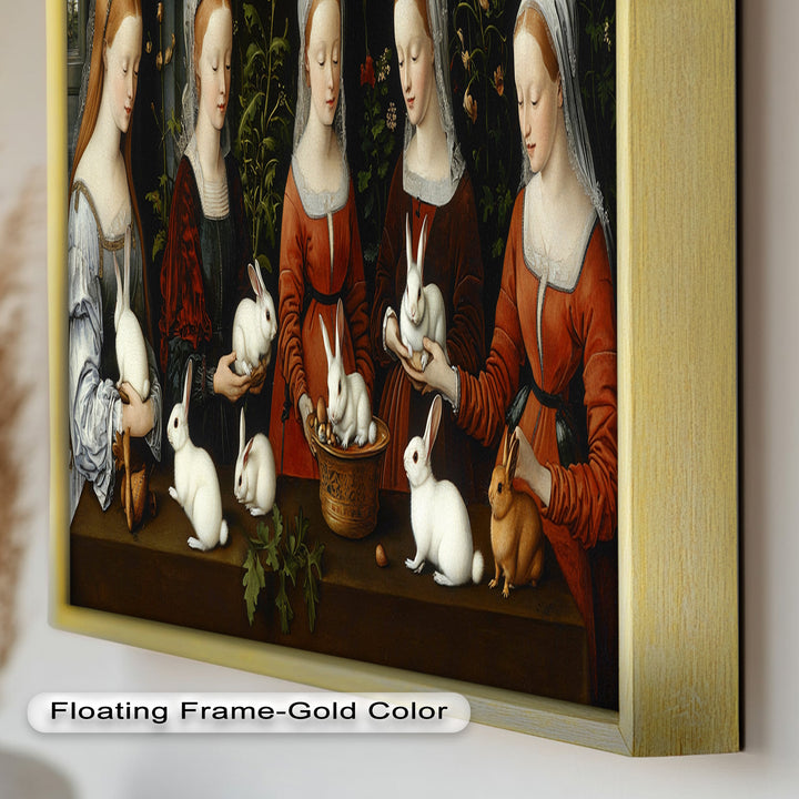 Maiden Garden Gathering – Renaissance Rabbit Portrait Oil Painting