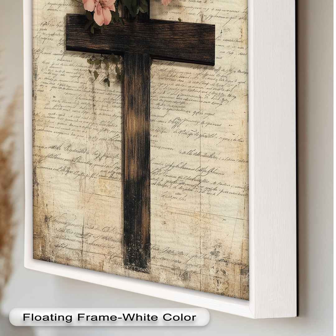 Holzkreuz mit rosa Blüten - Christliches Ölgemälde