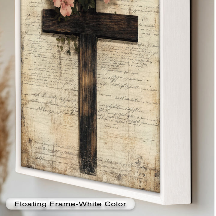 Holzkreuz mit rosa Blüten - Christliches Ölgemälde