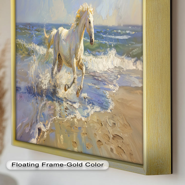 White Horse Galloping on Beach – Dynamic Oil Painting