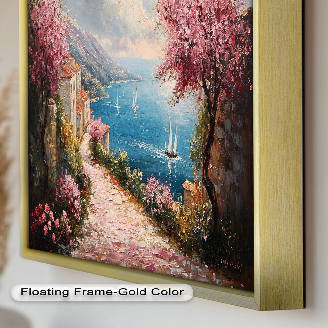Incredible Sea Street & Spring Blossoms – Coastal Charm Oil Painting