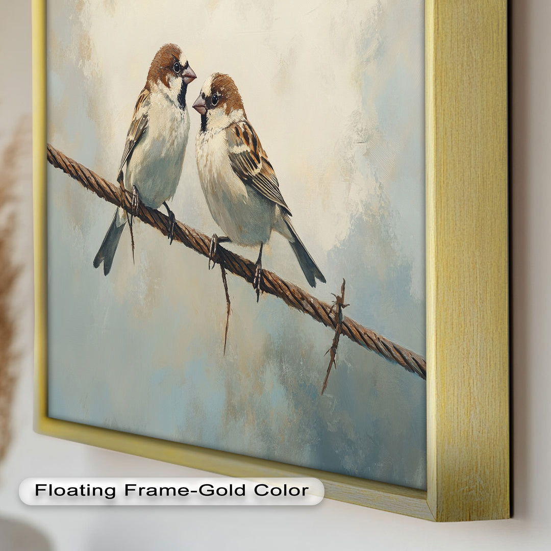 Two Sparrows on a Wire – Bird Oil Painting