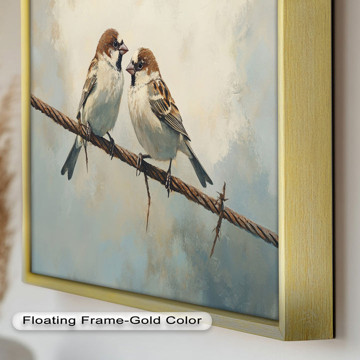Two Sparrows on a Wire – Bird Oil Painting