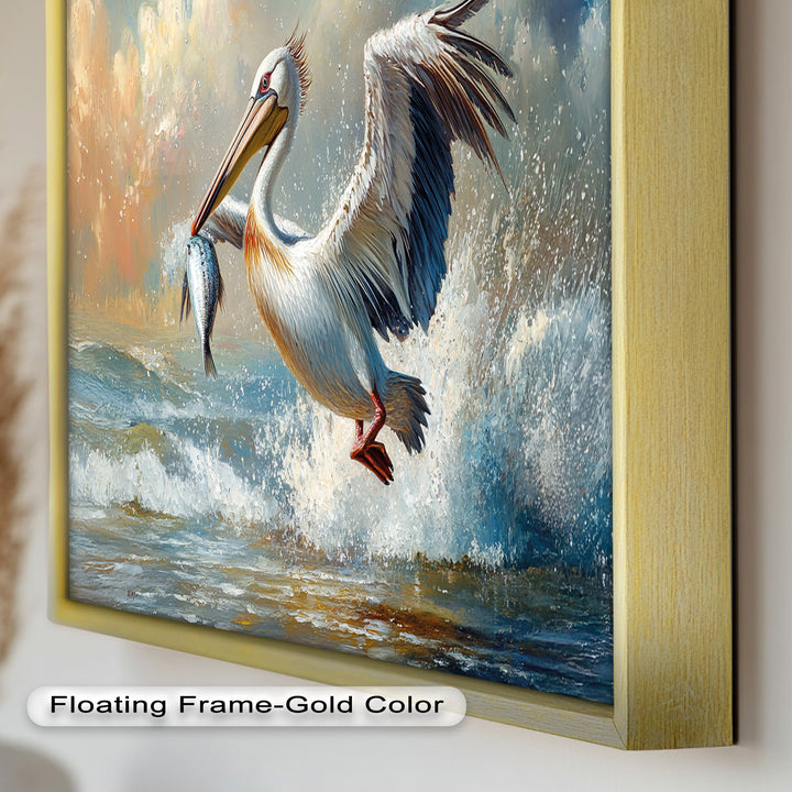 Pelican Catching Fish in Ocean Surf – Animal Oil Painting