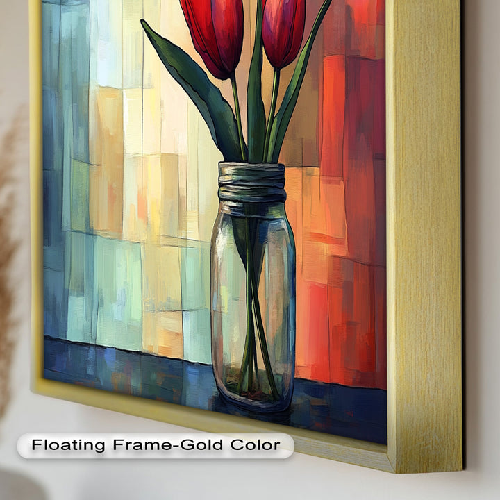 Red and Orange Tulips in Glass Vase – Bold Floral Oil Painting