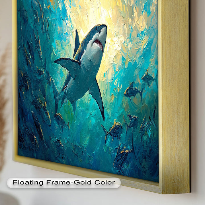 Great White Shark in Sunlit Ocean Depths – Animal Oil Painting