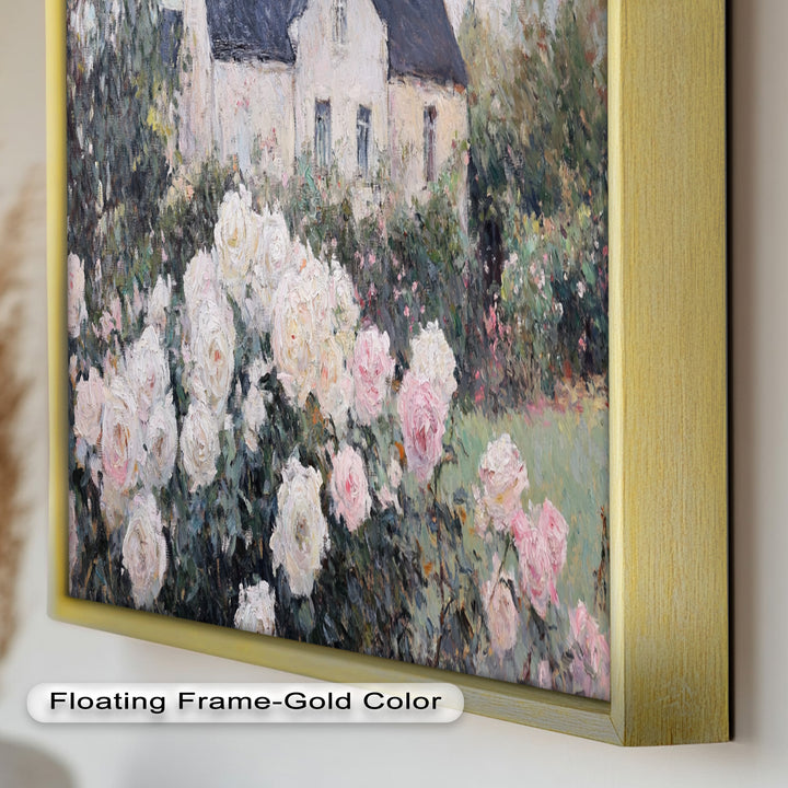 Cottage Garden Roses – Impressionist Floral House Scene Oil Painting
