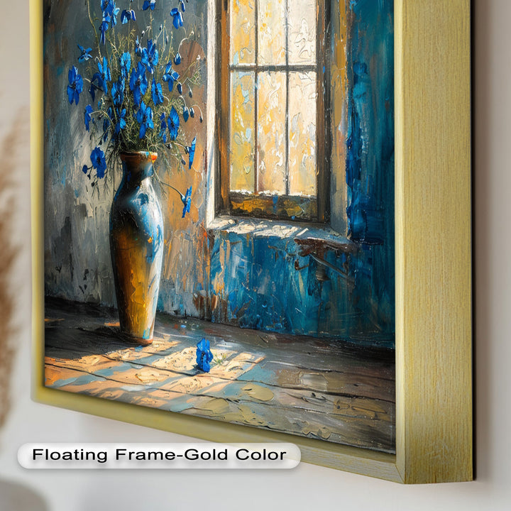 Blue Flowers in Vase – Rustic Still Life Oil Painting