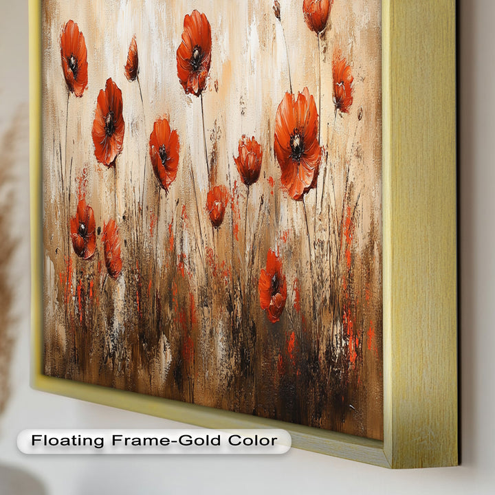 Fiery Meadow – Scarlet Poppies in Earth-Toned Field Flower Oil Painting