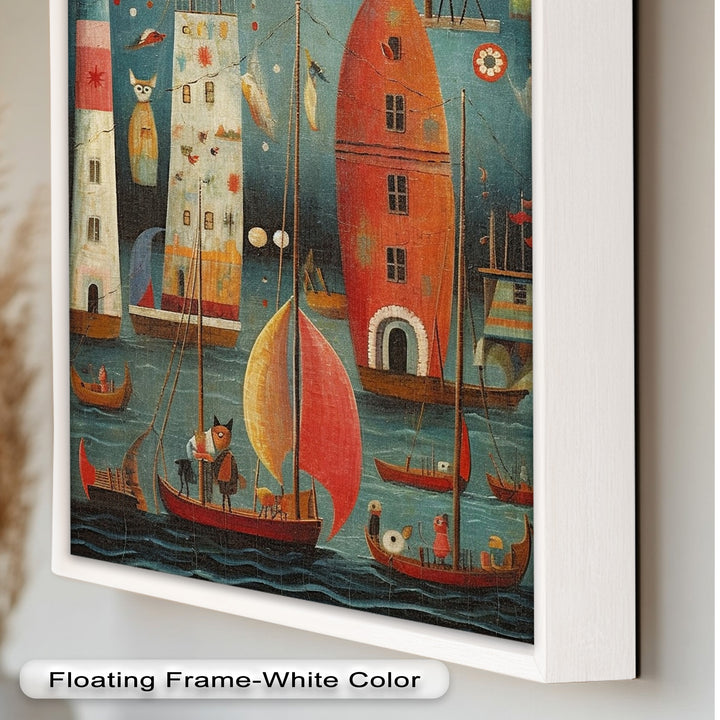 Moonlit Harbor Parade – Surreal Cat and Owl Fantasy Oil Painting