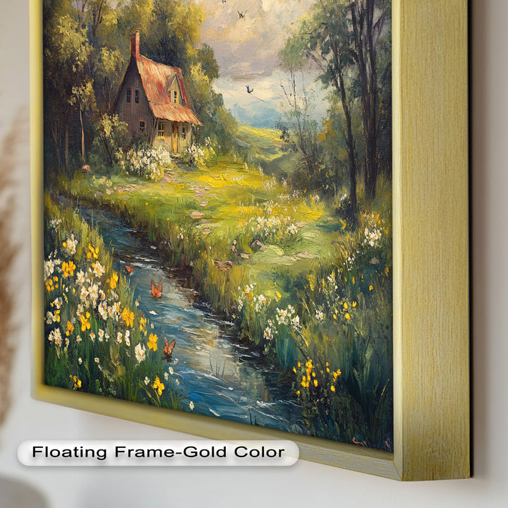 Vintage Frühlingslandschaft – Gerahmtes Ölgemälde