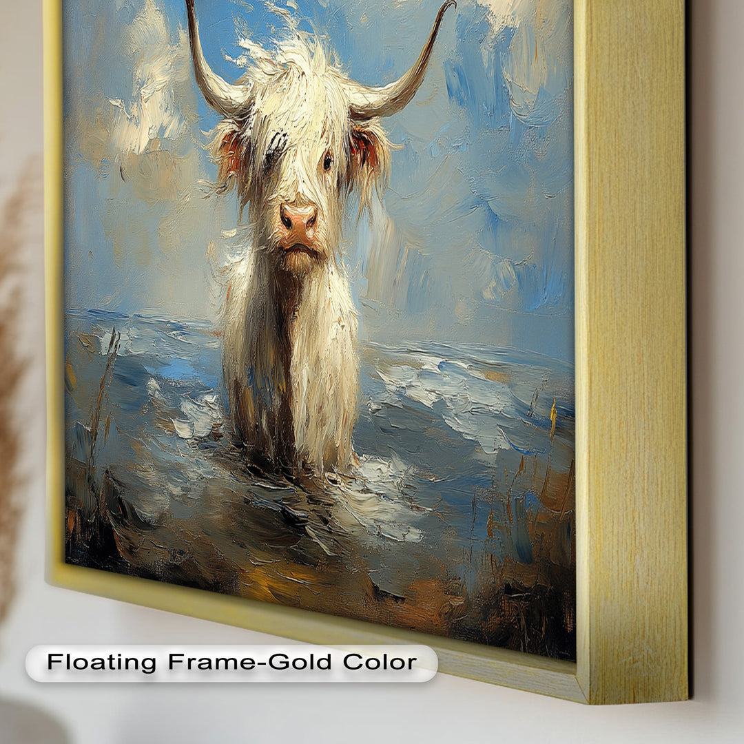 Highland Cow in Coastal Waters – Animal Oil Painting