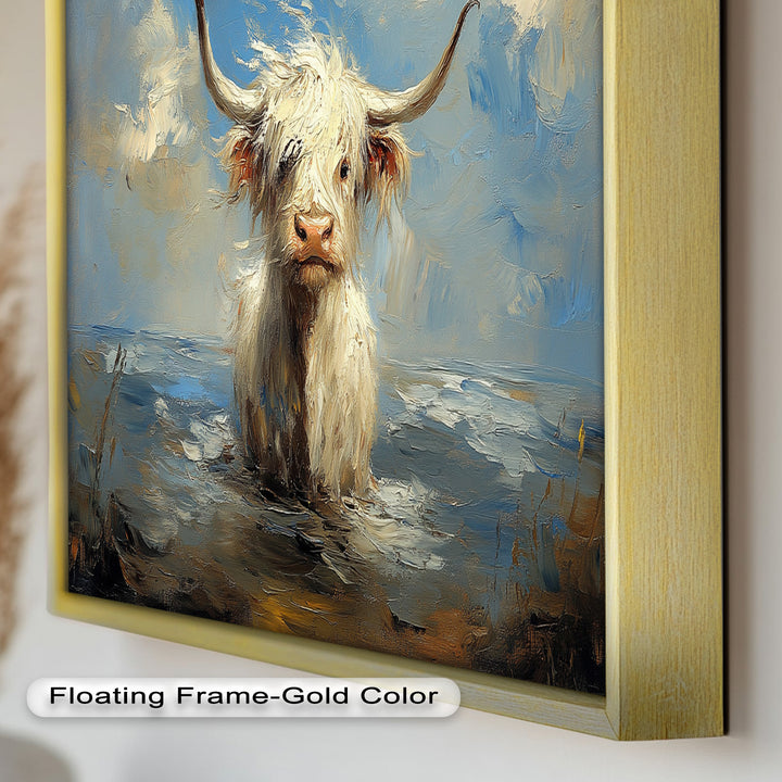 Highland Cow in Coastal Waters – Animal Oil Painting