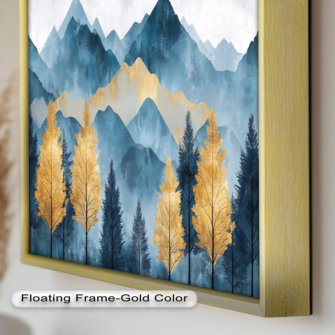 Blaue und goldene Aquarell-Berglandschaftskunst – Atemberaubende Ölgemälde
