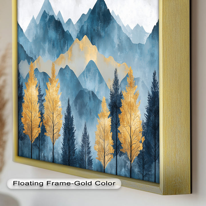 Blaue und goldene Aquarell-Berglandschaftskunst – Atemberaubende Ölgemälde