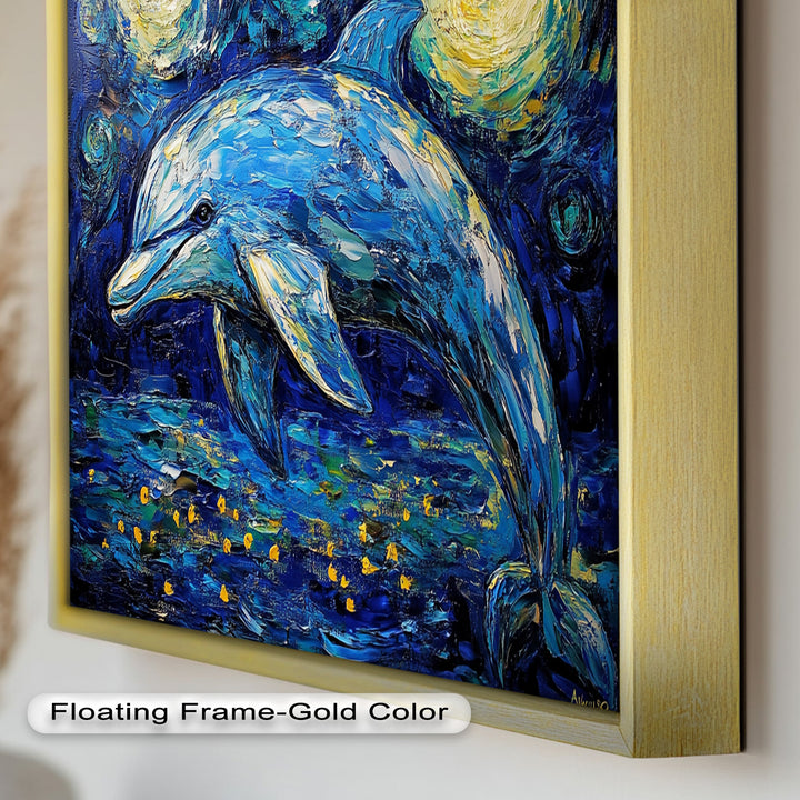 Starry Night Dolphin in Ocean Dreamscape – Animal Oil Painting