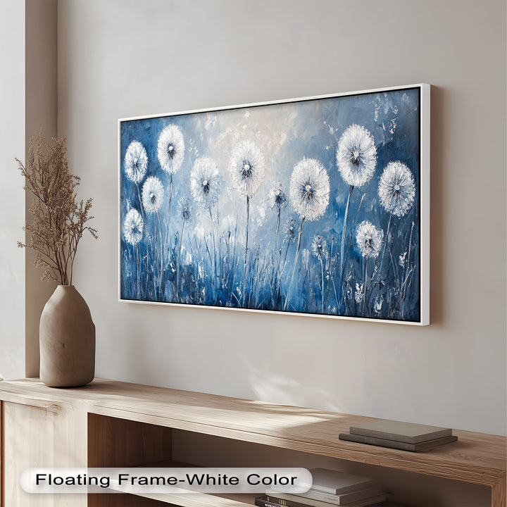 A calming modern painting of delicate dandelions, blending white and blue hues in a minimalist, dreamy landscape.