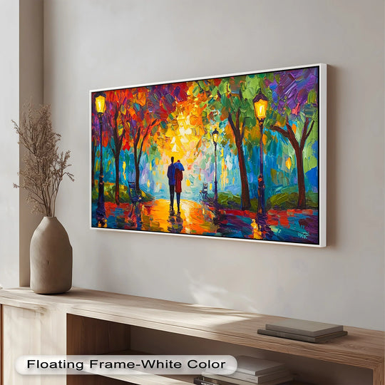 Exploring the abstract quality of this romantic couple under umbrella oil painting with expressive brushstrokes, a vibrant addition to oil painting art prints.