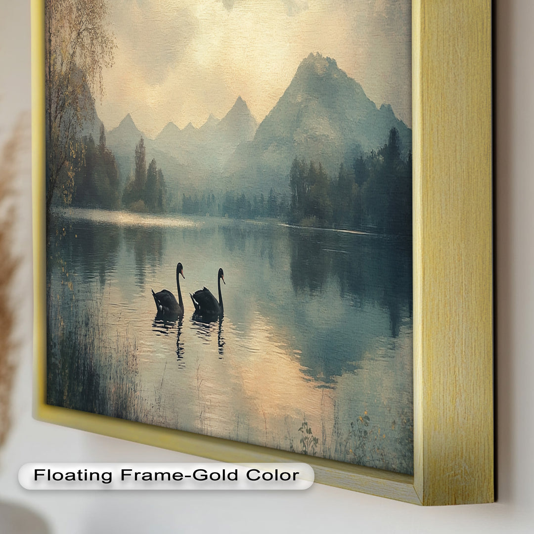 Black Swans on a Mountain Lake – Modern Oil Painting