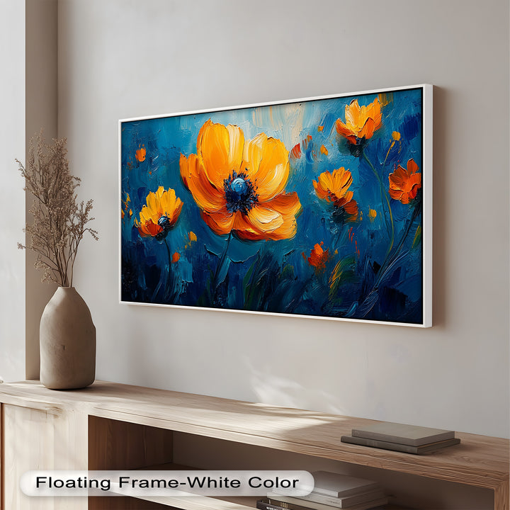 Orange Flowers on Deep Blue - Flower Oil Painting