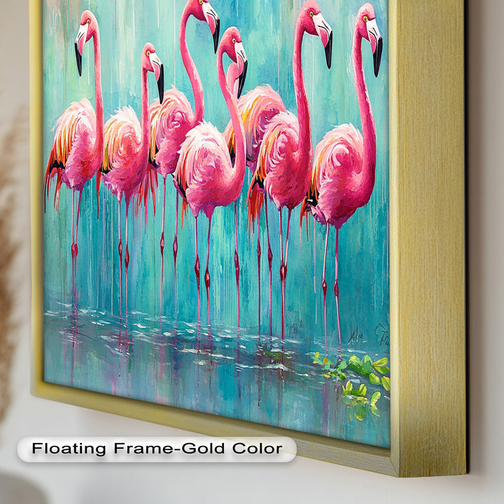 Flamingoschwarm auf dem Wasser – Tierölgemälde