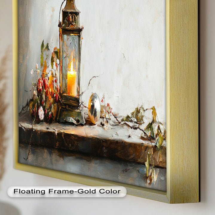 Bronze Candle Lantern Art – Winter Decor Oil Painting