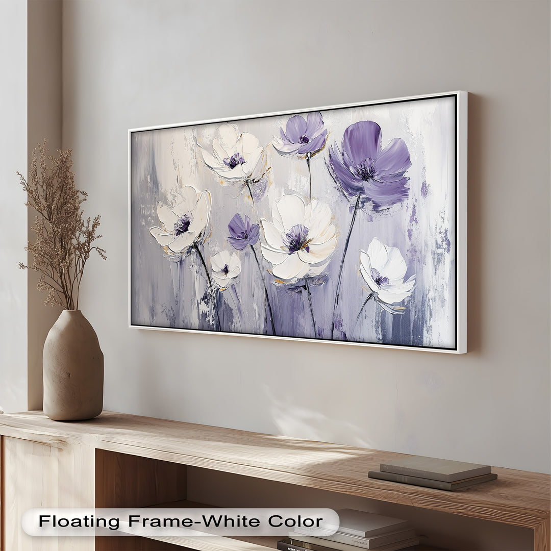 White and Purple Florals on Misty Background - Flower Oil Painting