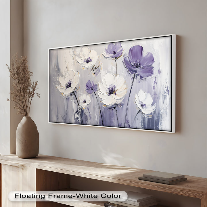 White and Purple Florals on Misty Background - Flower Oil Painting