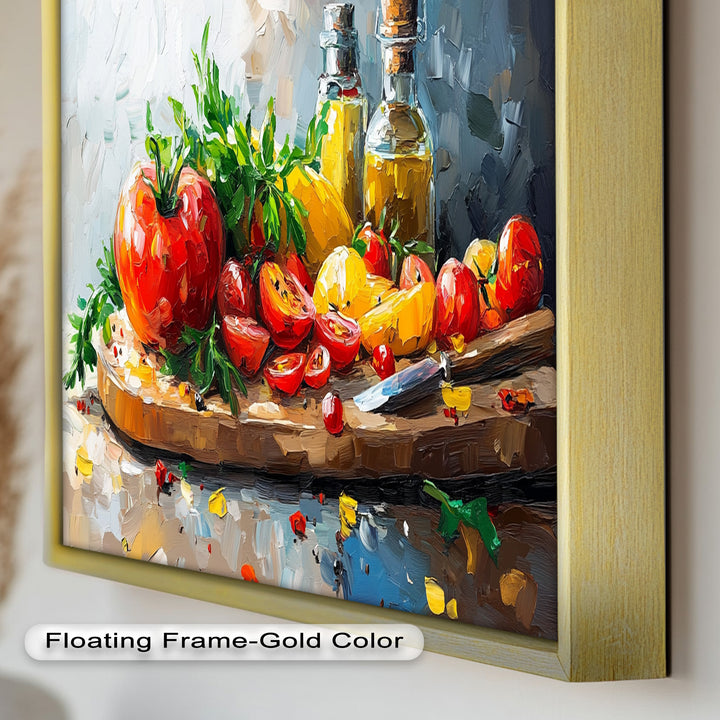 Tomato & Olive Oil Kitchen Art – Colorful Framed Oil Painting