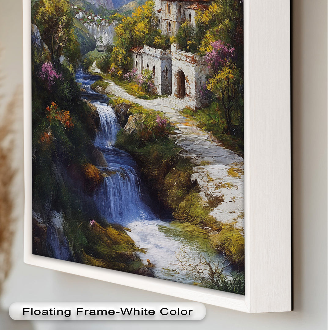 Mountain Abbey by the Falls – Serene Renaissance Oil Painting
