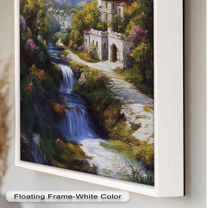 Mountain Abbey by the Falls – Serene Renaissance Oil Painting