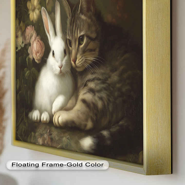 Cat and Rabbit in Floral Harmony - Animal Oil Painting