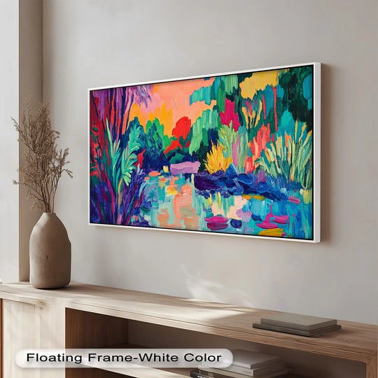 Vibrant color contrast defines this oil painting reproduction print depicting tropical reflections with bold brushstrokes and intense hues of red, green, and blue.