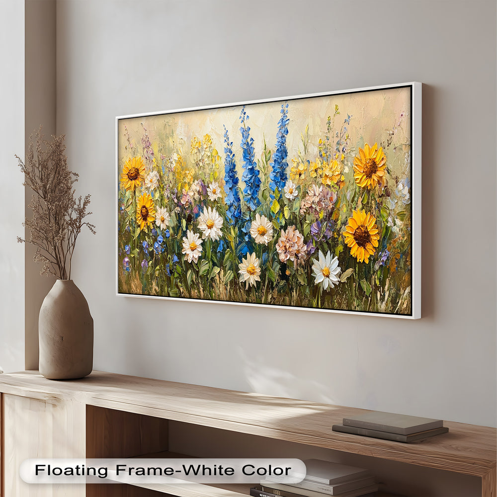 A lively floral painting showcasing a diverse mix of wildflowers in yellow, white, pink, and blue against a soft neutral background.